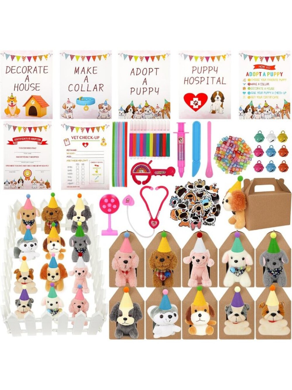 12 PCS Plush Stuffed Puppies Party Favors Set with Hats, DIY Collars & Decor